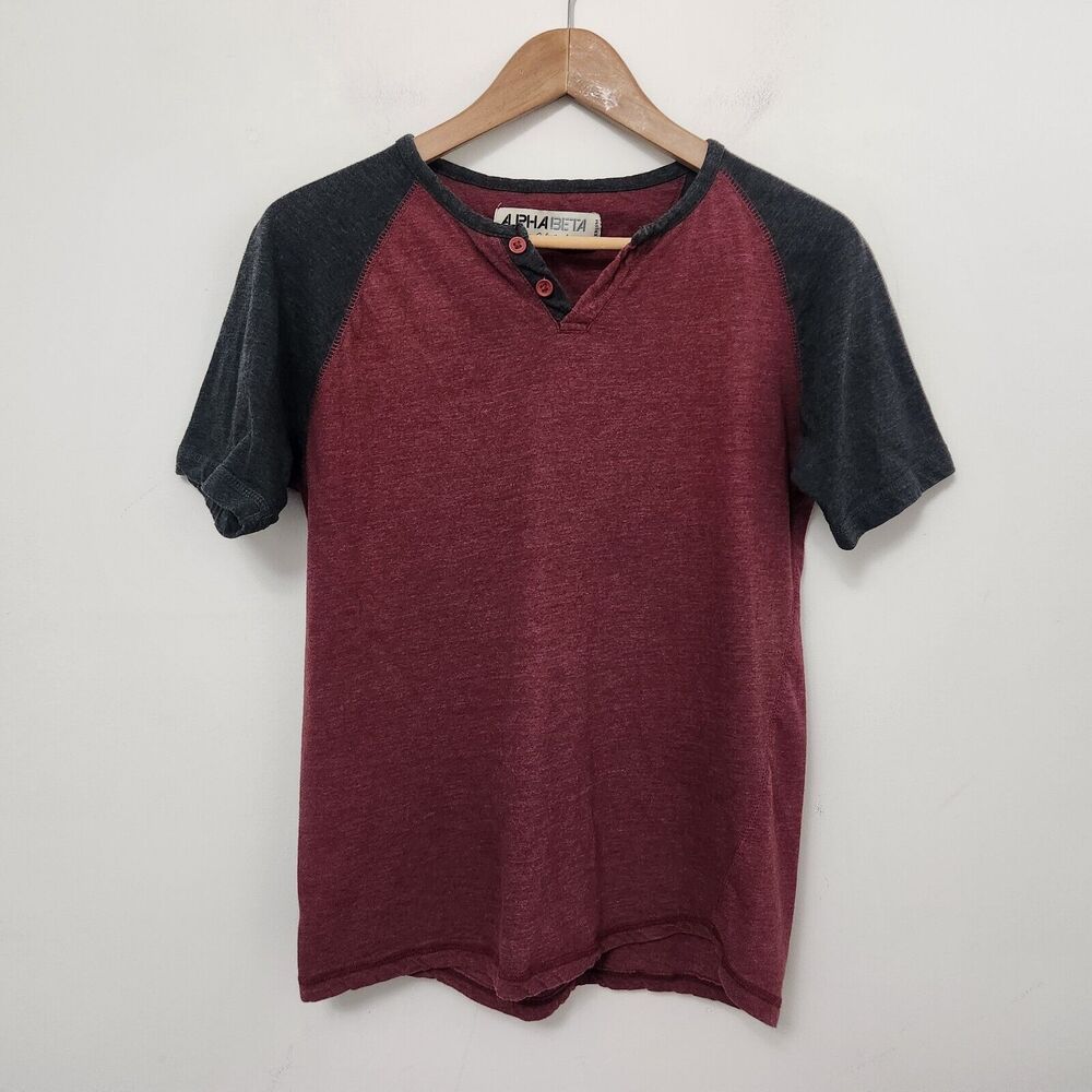 ALPHABETA Men's Burgundy V-Neck Comfort Short Sleeve T Shirt Size M